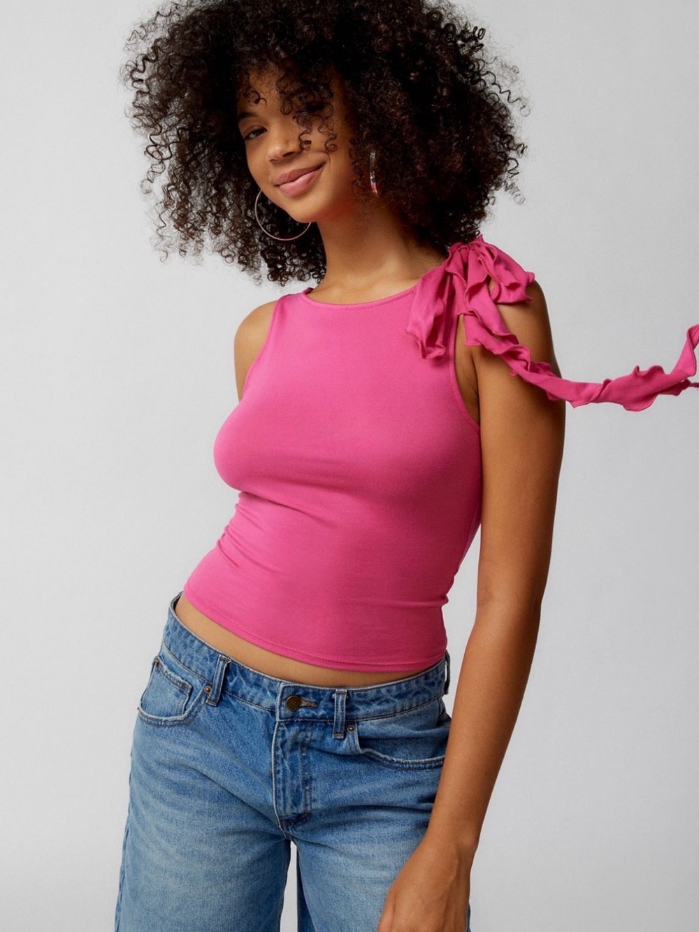 Kimchi Blue One-Shoulder Ruffle Tank Top - Bright Pink